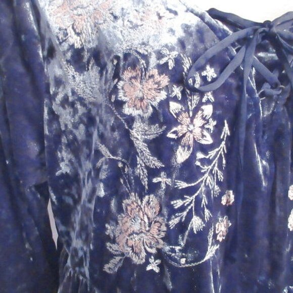 Velvet Embroidered Babydoll Tunic Top Size XL Lace Up Renaissance Fairy Peasant - Picture 4 of 12